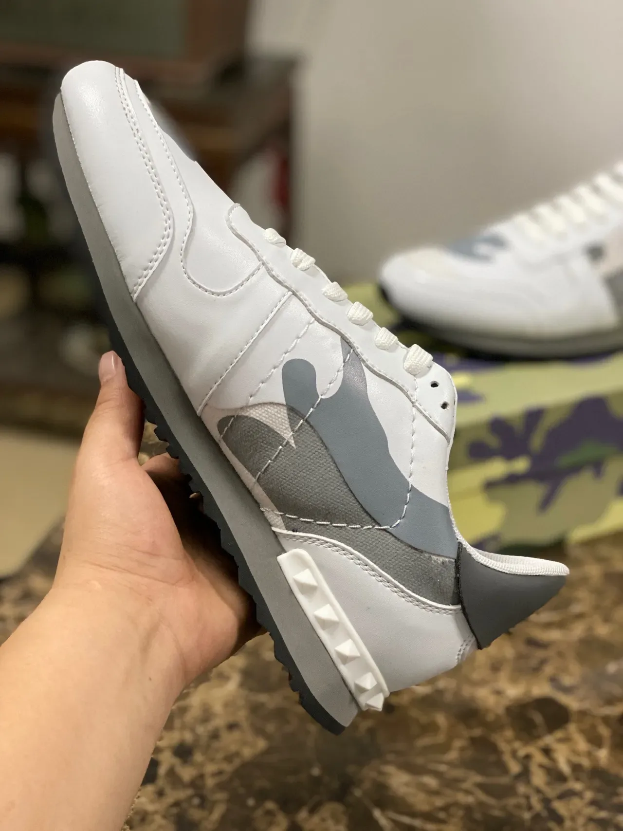 Valentino Rockstud Camouflage White Gray Lifestyle Sneakers 3