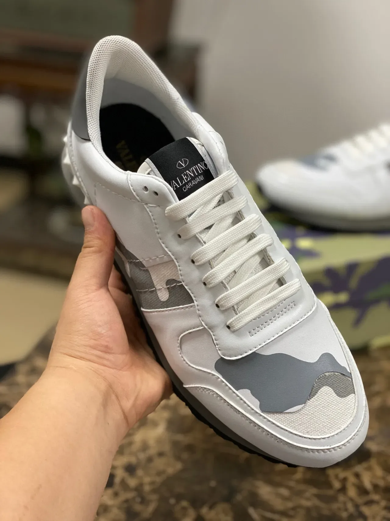 Valentino Rockstud Camouflage White Gray Lifestyle Sneakers 4