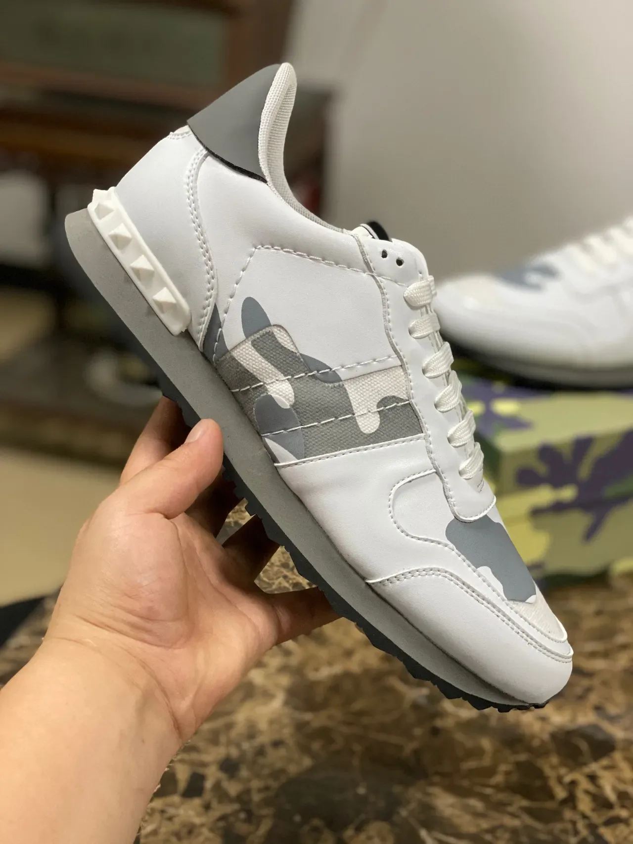 Valentino Rockstud Camouflage White Gray Lifestyle Sneakers 5