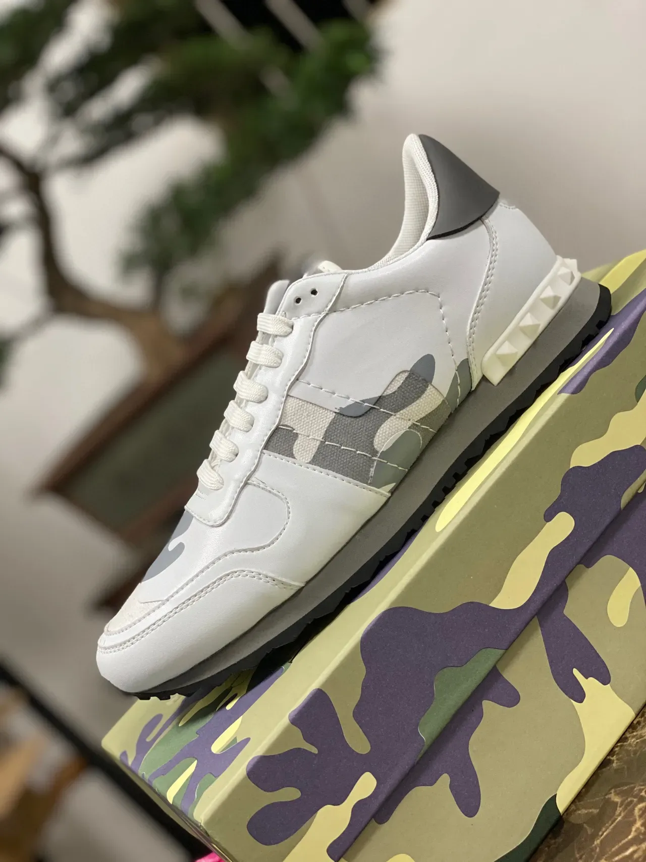 Valentino Rockstud Camouflage White Gray Lifestyle Sneakers 6