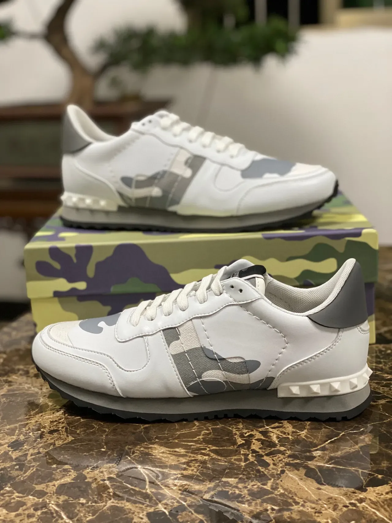 Valentino Rockstud Camouflage White Gray Lifestyle Sneakers 7
