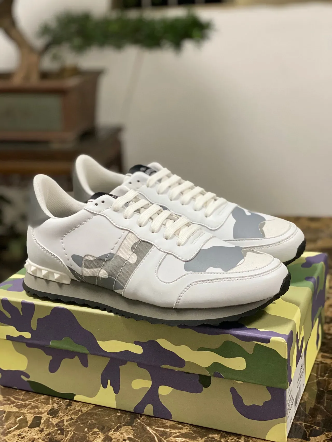 Valentino Rockstud Camouflage White Gray Lifestyle Sneakers 8