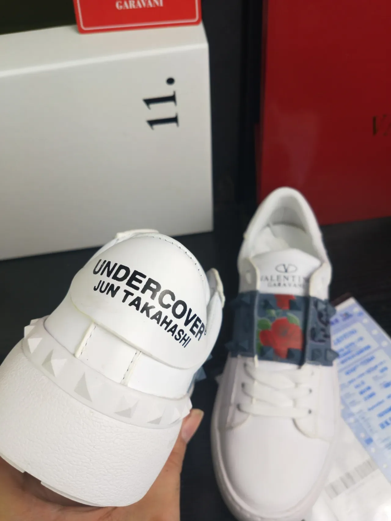 Valentino Rockstud White Leather Studded Strap Floral Print Lifestyle Sneakers 4