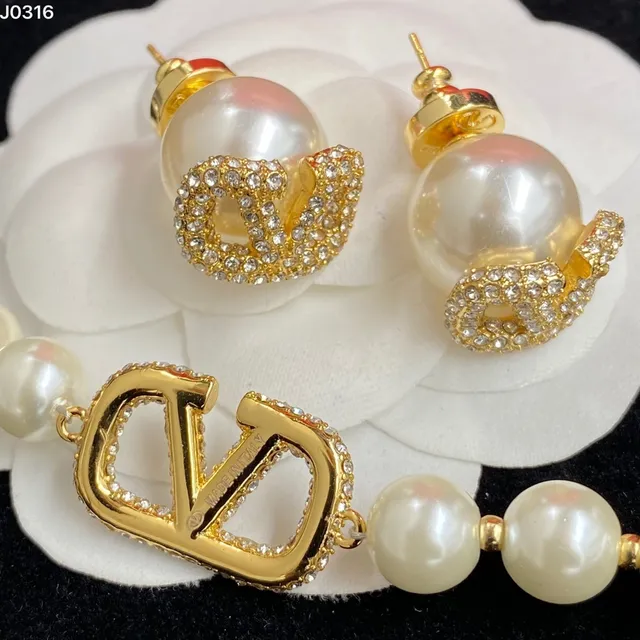 Valentino VLTN Beige Gold Pearl Strand Pavé-Crystal VLogo Necklace 2