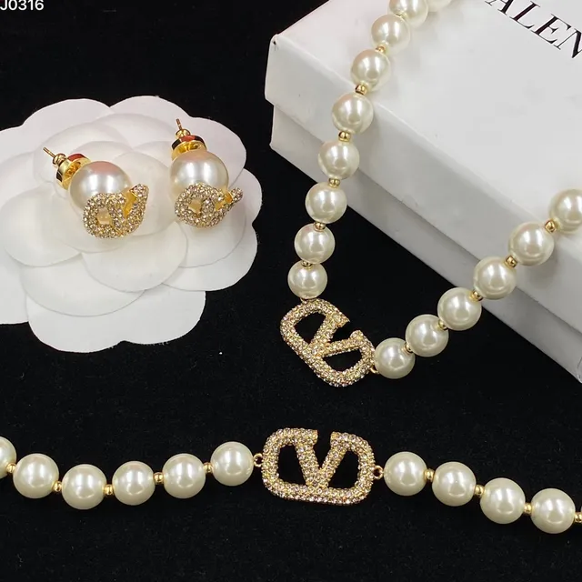 Valentino VLTN Beige Gold Pearl Strand Pavé-Crystal VLogo Necklace 3