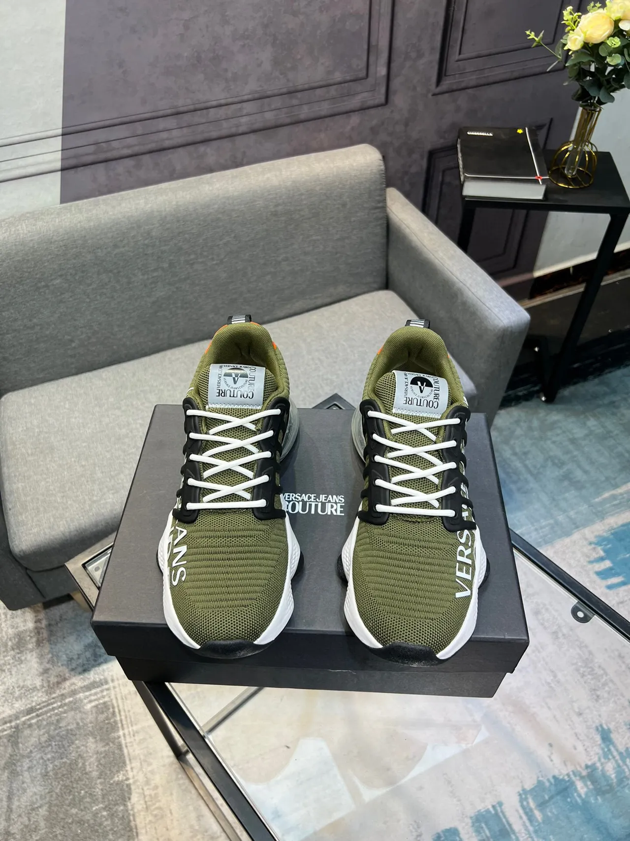 Versace Army Green Black Knit Upper Cage Overlay Chunky Sneakers 2