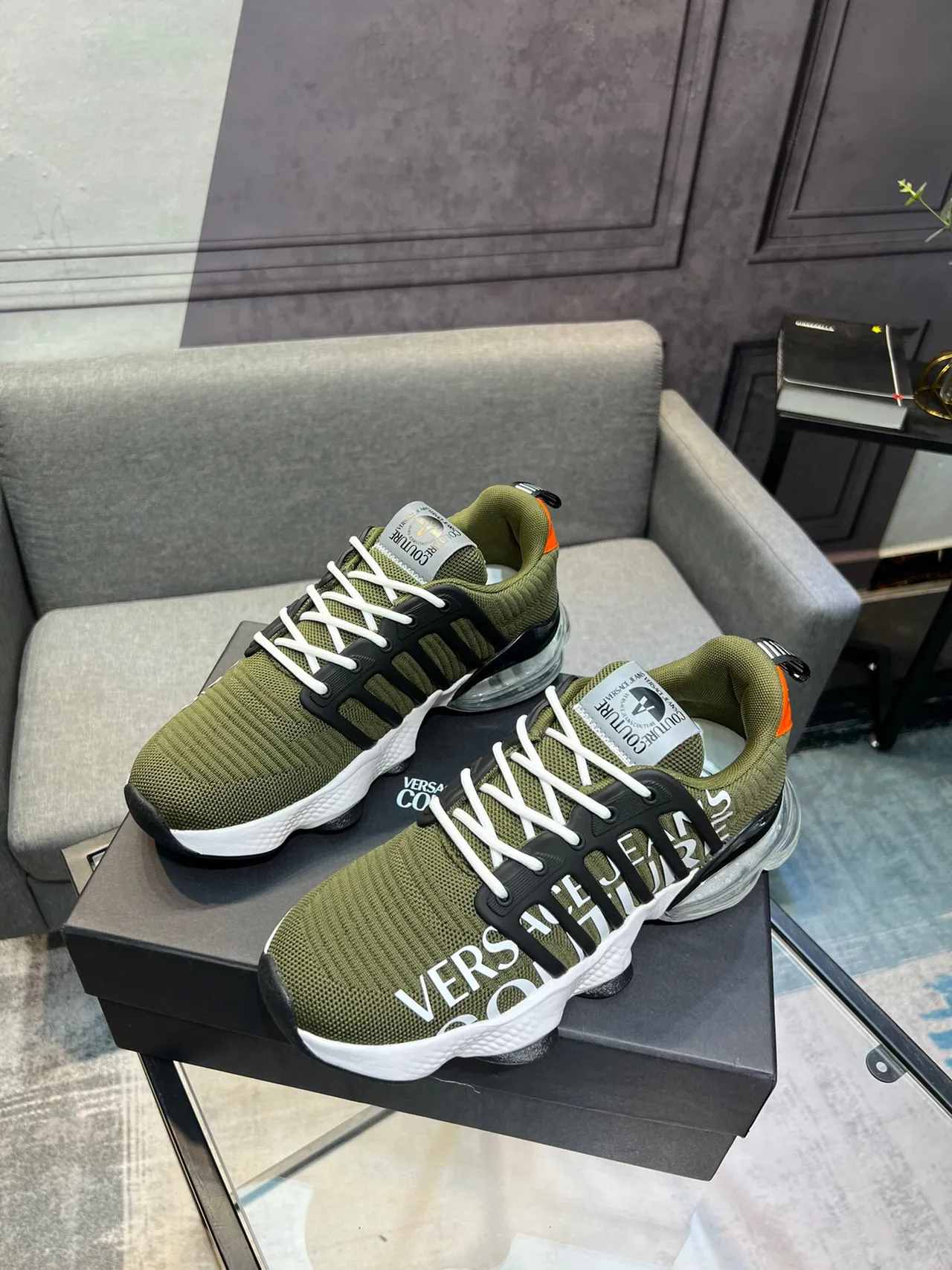 Versace Army Green Black Knit Upper Cage Overlay Chunky Sneakers 3