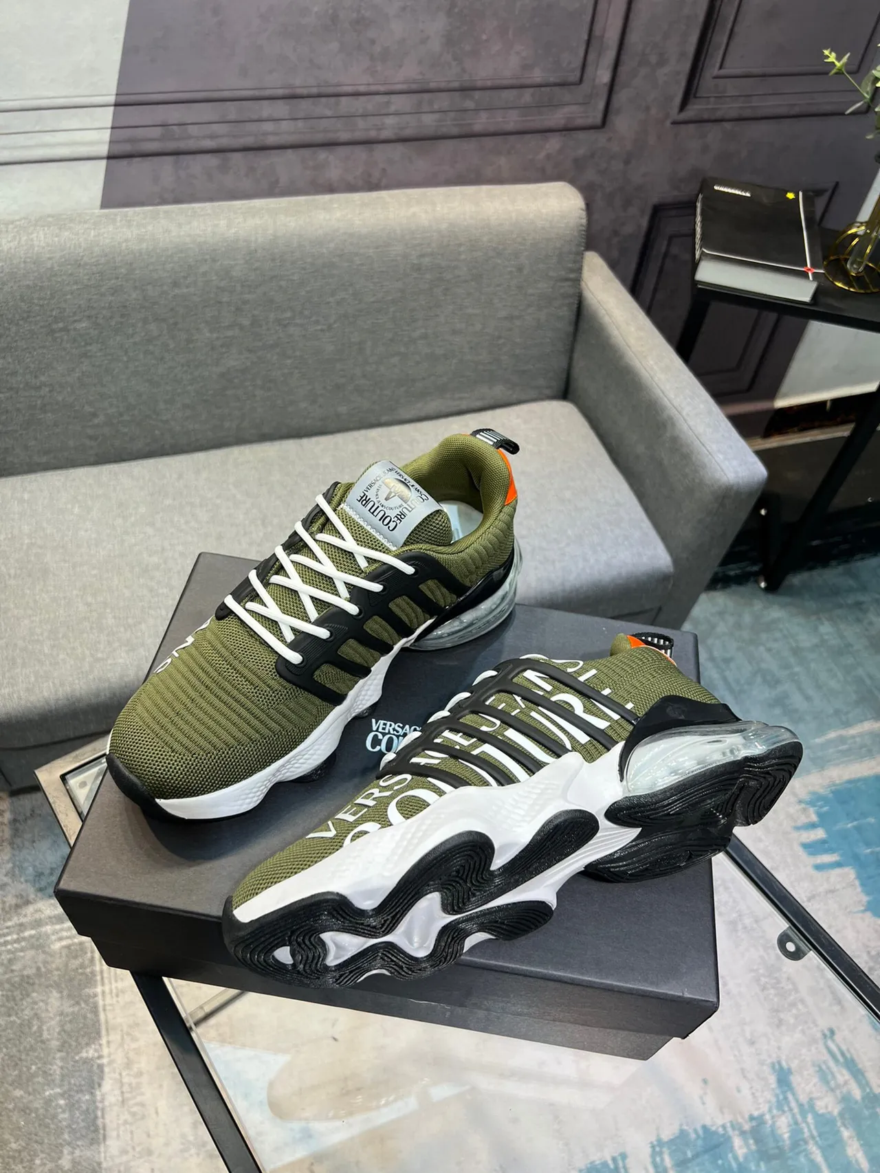 Versace Army Green Black Knit Upper Cage Overlay Chunky Sneakers 4