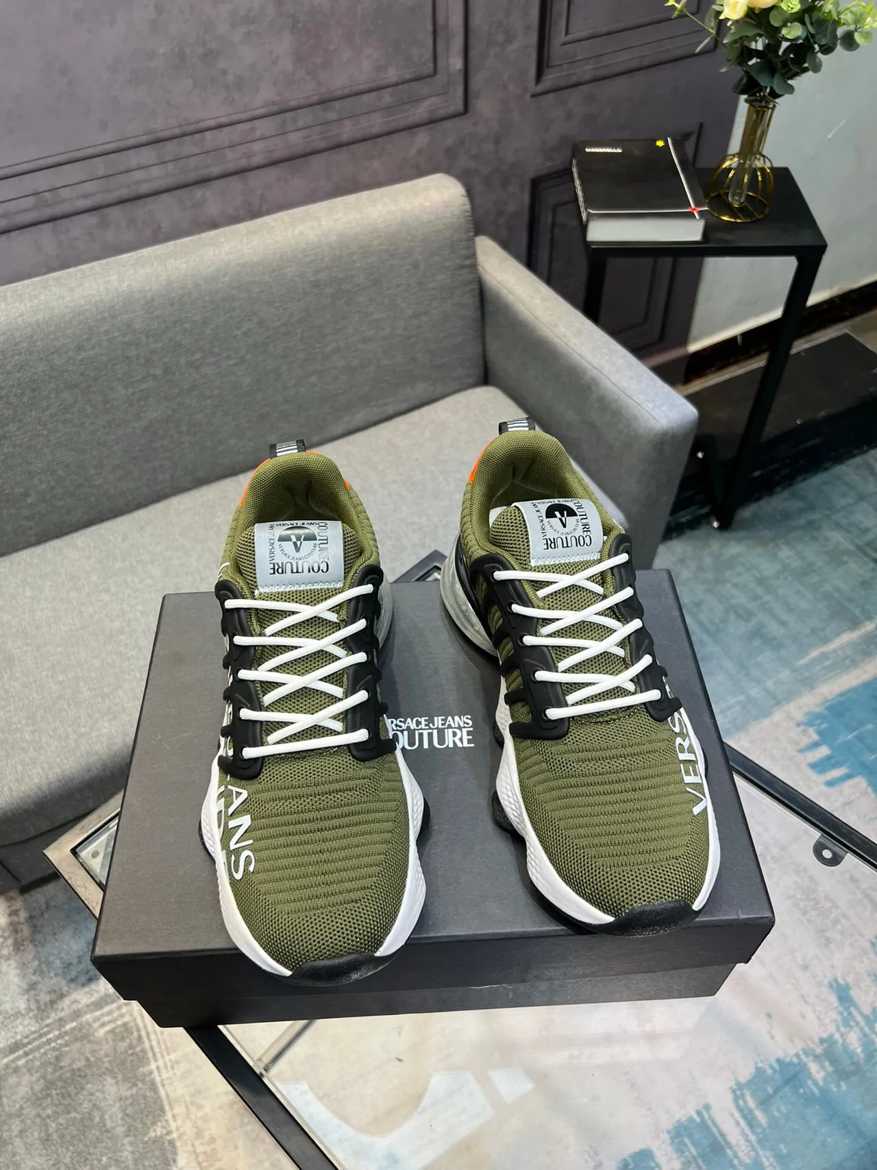 Versace Army Green Black Knit Upper Cage Overlay Chunky Sneakers 5