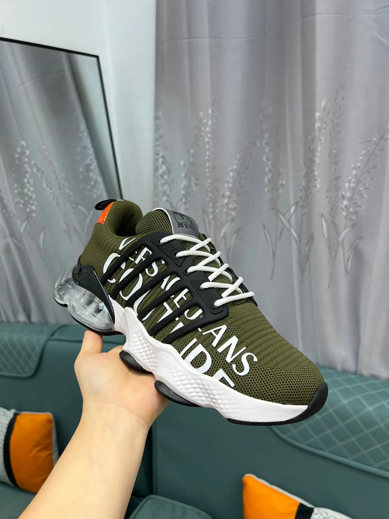Versace Army Green Black Knit Upper Cage Overlay Chunky Sneakers 6