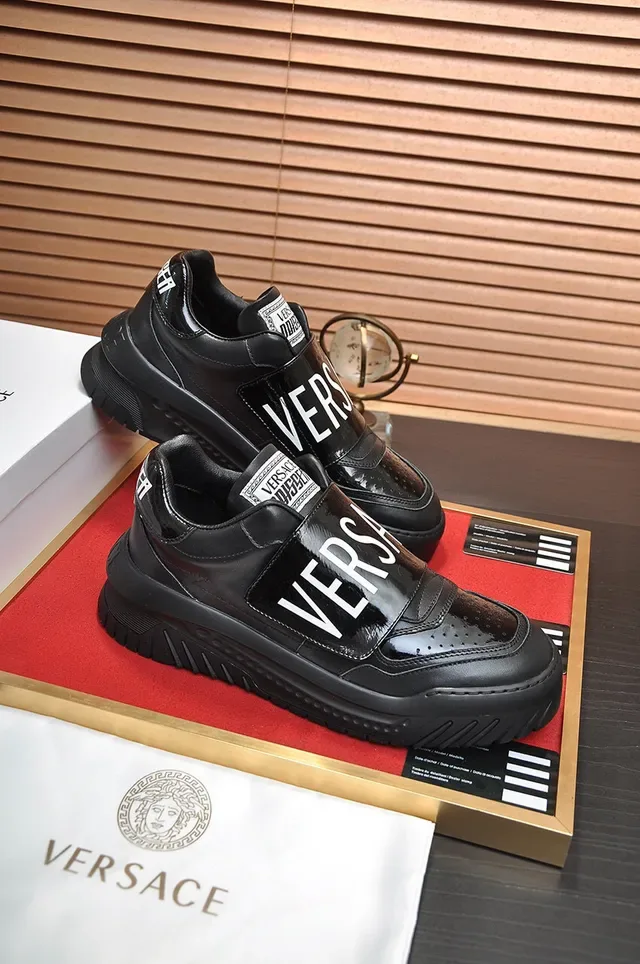 Versace Black Brown Laceless Slip-On Glossy Branded Strap Chunky Sneakers 5