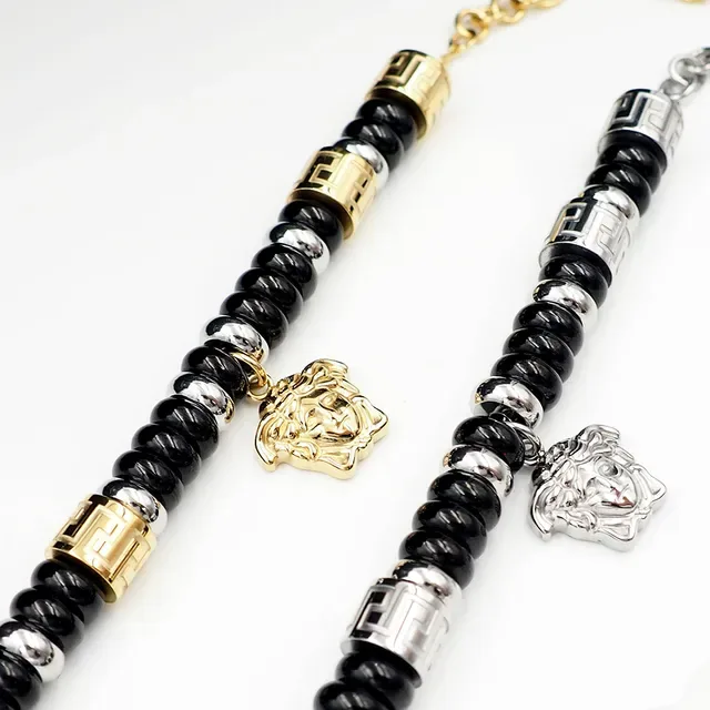 Versace Pulseira de Corrente com Contas Preta e Dourada 4