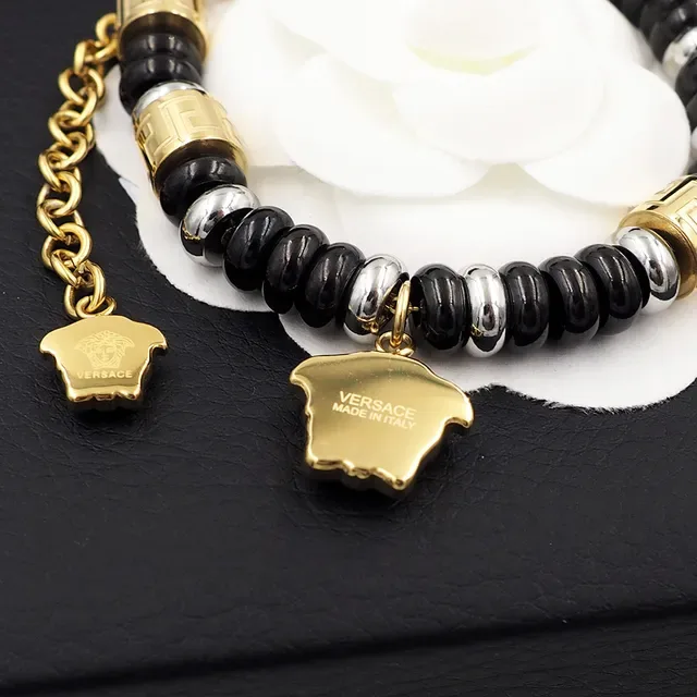 Versace Pulseira de Corrente com Contas Preta e Dourada 6