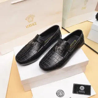 Versace 黑色金色鳄鱼压纹皮革 Medusa 头金属徽章 乐福鞋