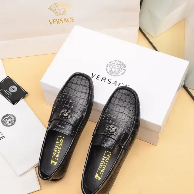 Versace Black Gold Croc-Embossed Leather Medusa Head Metal Plaque Loafer 2