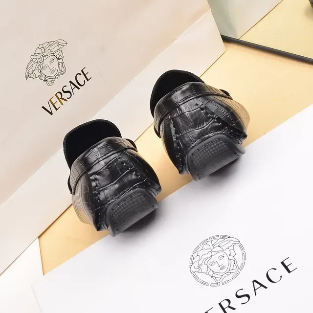 Versace Black Gold Croc-Embossed Leather Medusa Head Metal Plaque Loafer 3