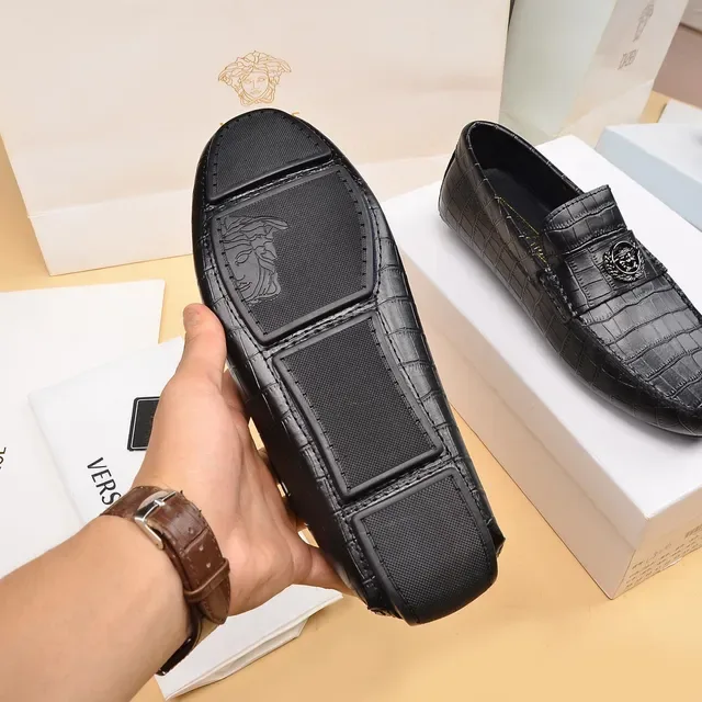 Versace Black Gold Croc-Embossed Leather Medusa Head Metal Plaque Loafer 4