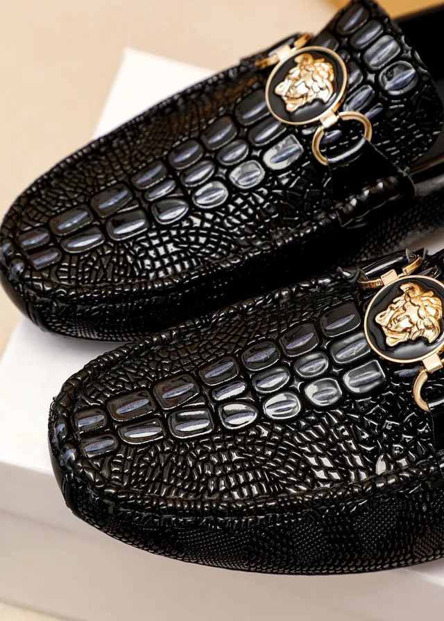 Versace Chain Reaction Black Gold Crocodile-Embossed Leather Medusa Head Horsebit Buckle Loafer 4