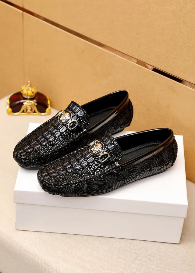Versace Chain Reaction Black Gold Crocodile-Embossed Leather Medusa Head Horsebit Buckle Loafer 8