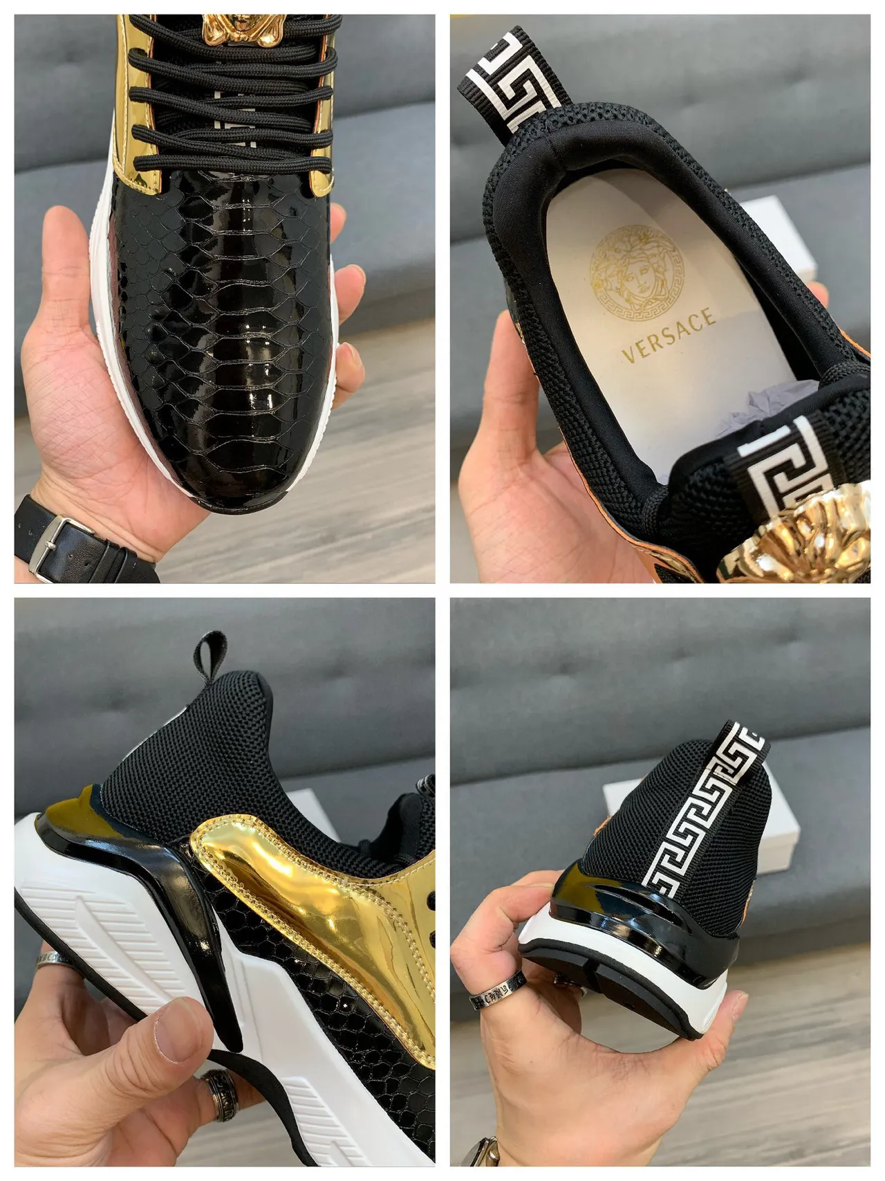 Versace Chain Reaction حذاء رياضي جلد الثعابين وذهبي كثيف 10