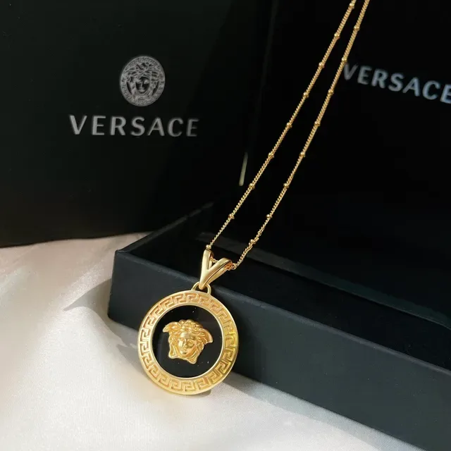 Versace Gold Black Circular Medallion Metal Necklace 2