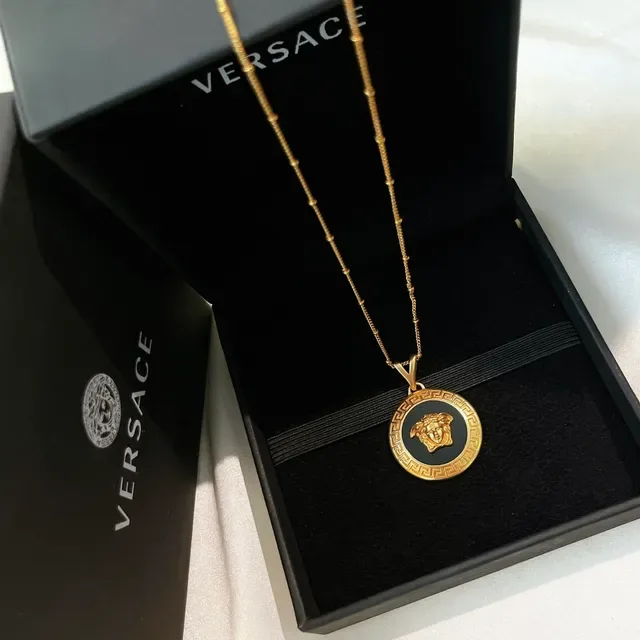 Versace Gold Black Circular Medallion Metal Necklace 5