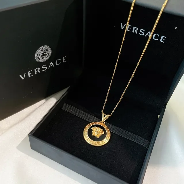 Versace Gold Black Circular Medallion Metal Necklace 7