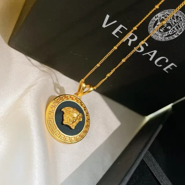 Versace Gold Black Circular Medallion Metal Necklace 8