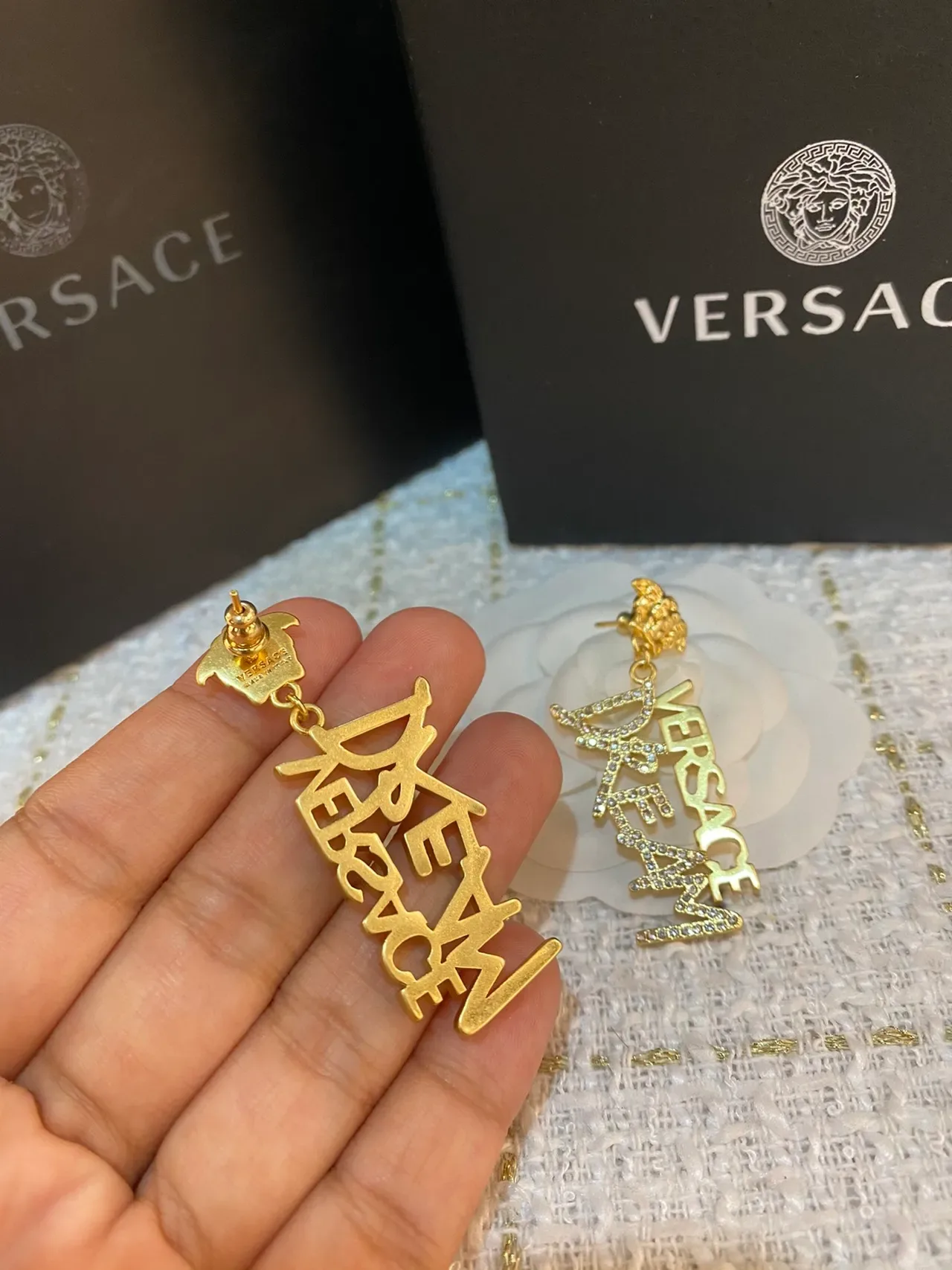 Versace Logo Lettering Medusa Head Earrings 6