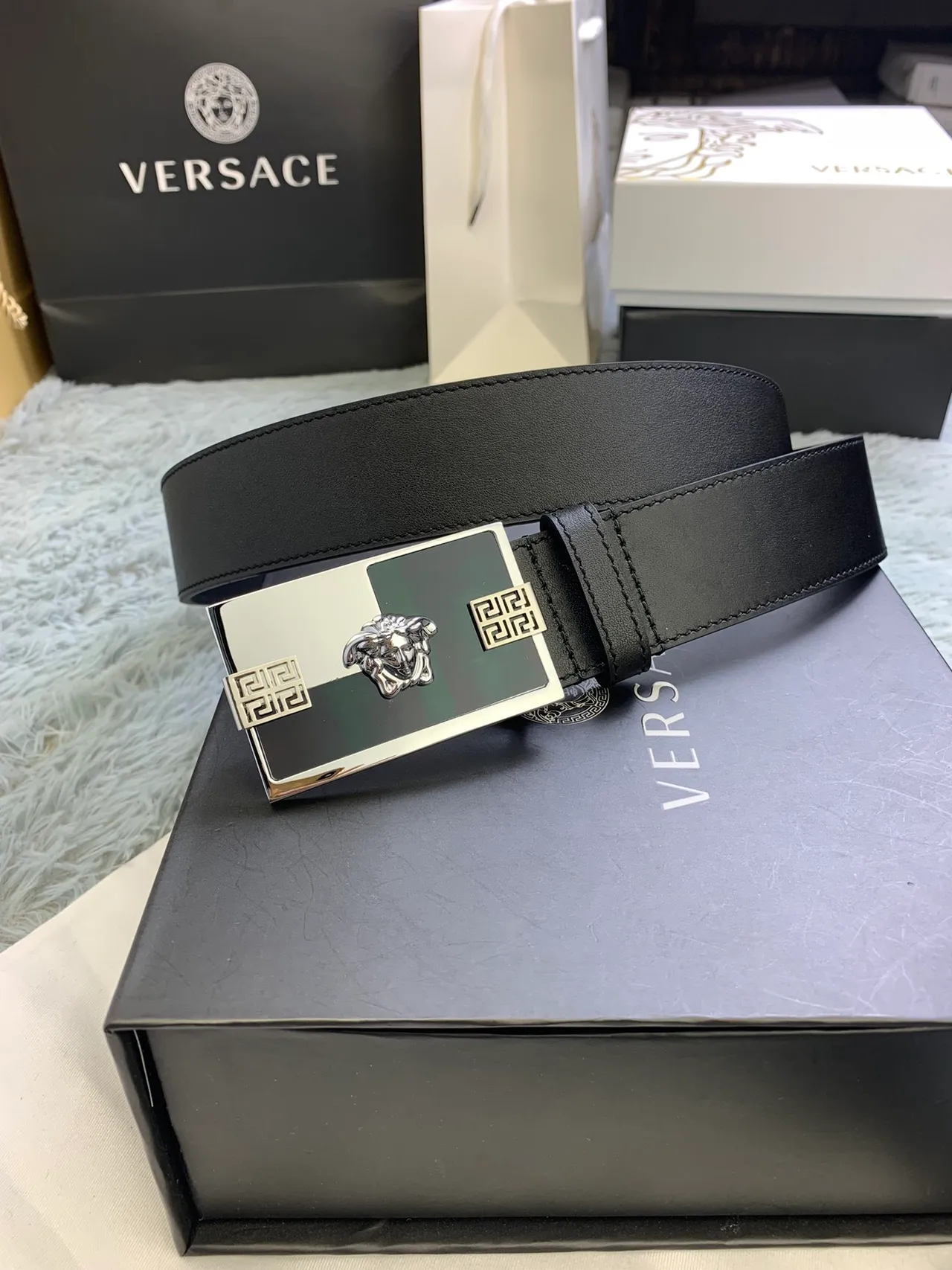 Versace Medusa Belt Black Silver Polished Rectangular Buckle Head Centerpiece Leather Belt 2