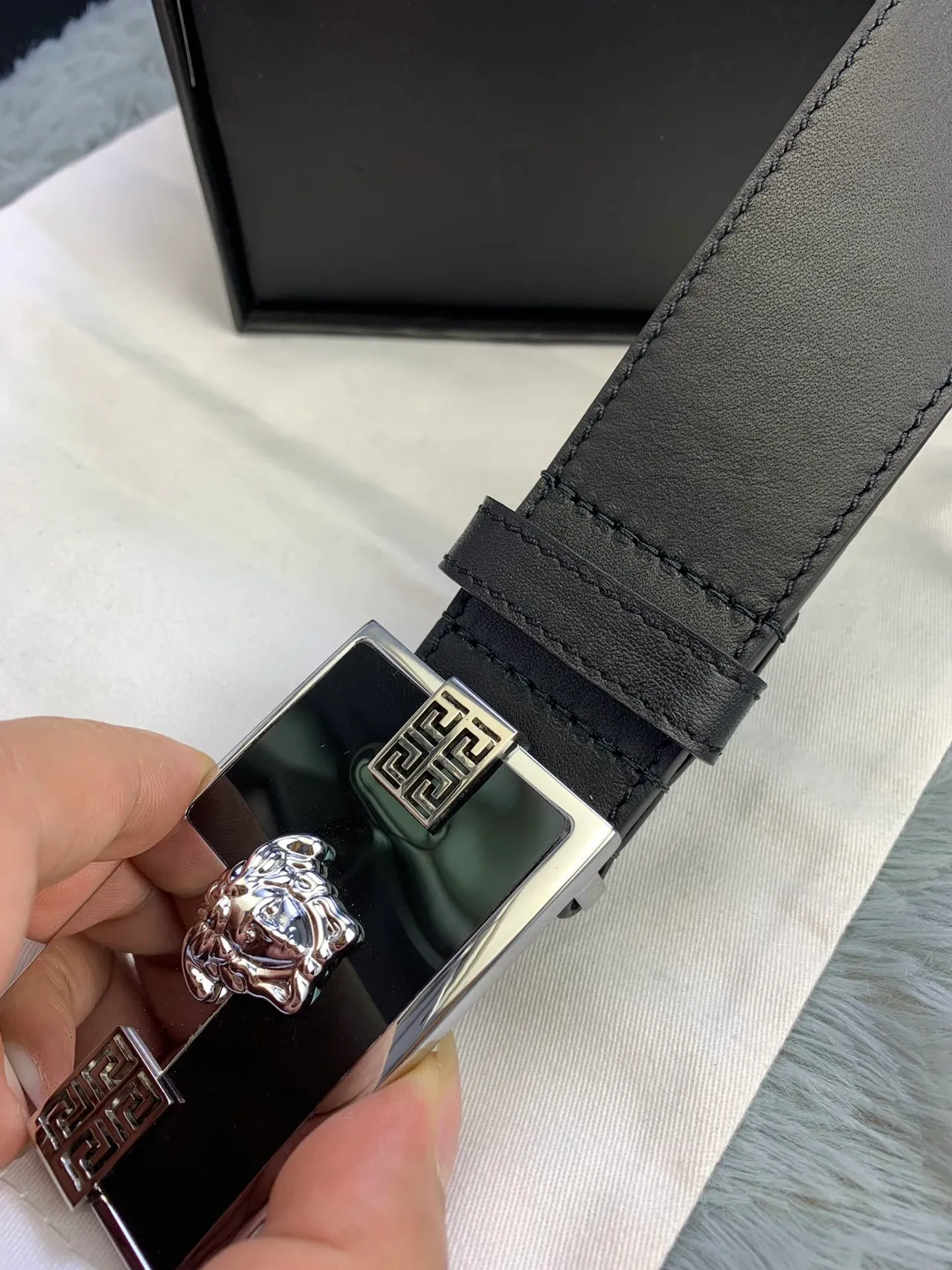 Versace Medusa Belt Black Silver Polished Rectangular Buckle Head Centerpiece Leather Belt 5