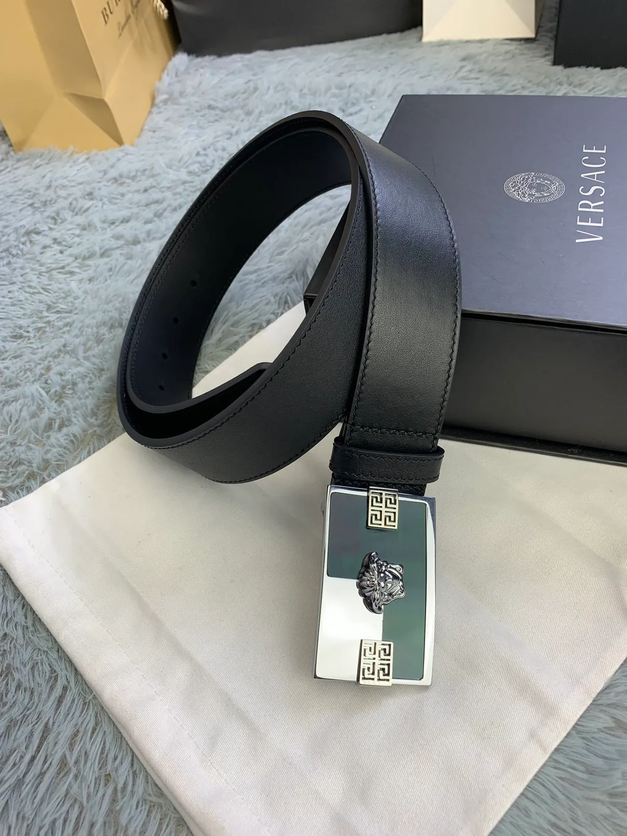 Versace Medusa Belt Black Silver Polished Rectangular Buckle Head Centerpiece Leather Belt 8