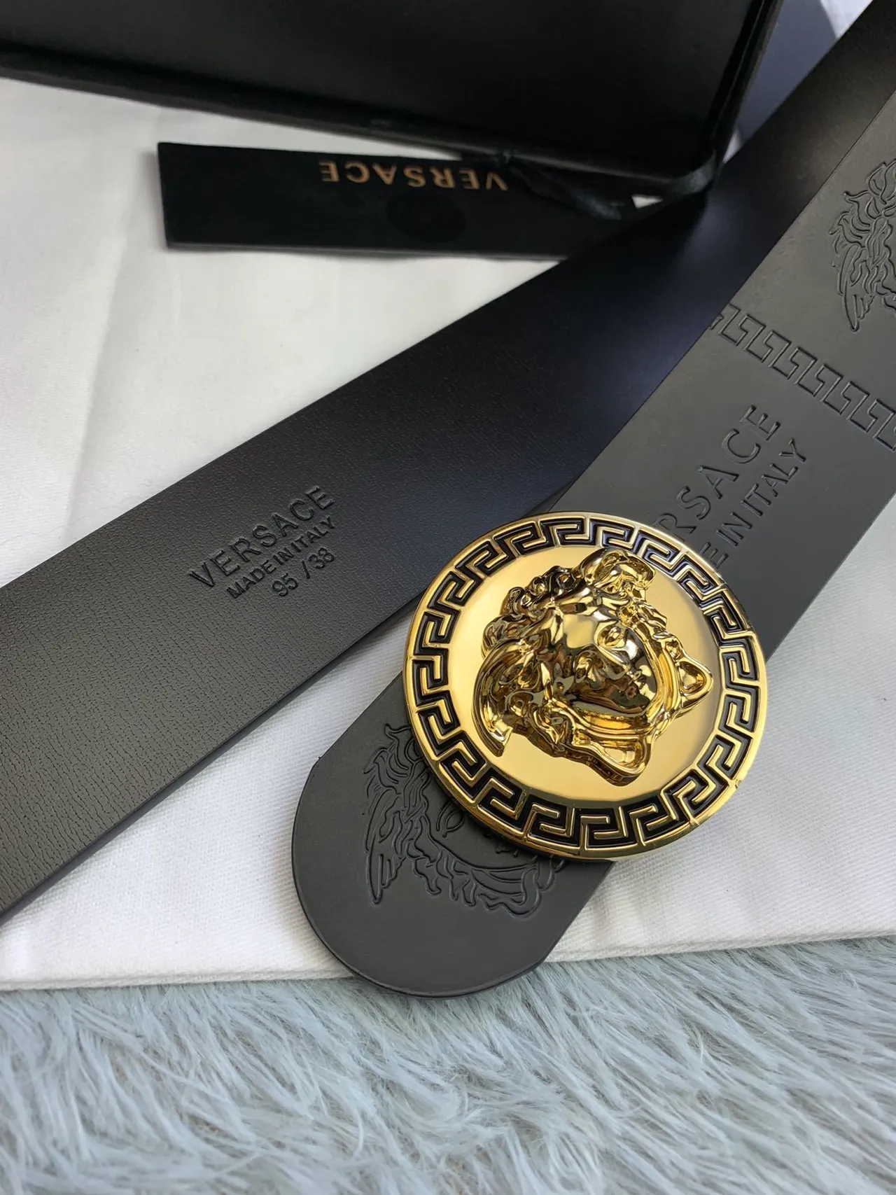 Versace Medusa Greek Key Black Leather Belt 3