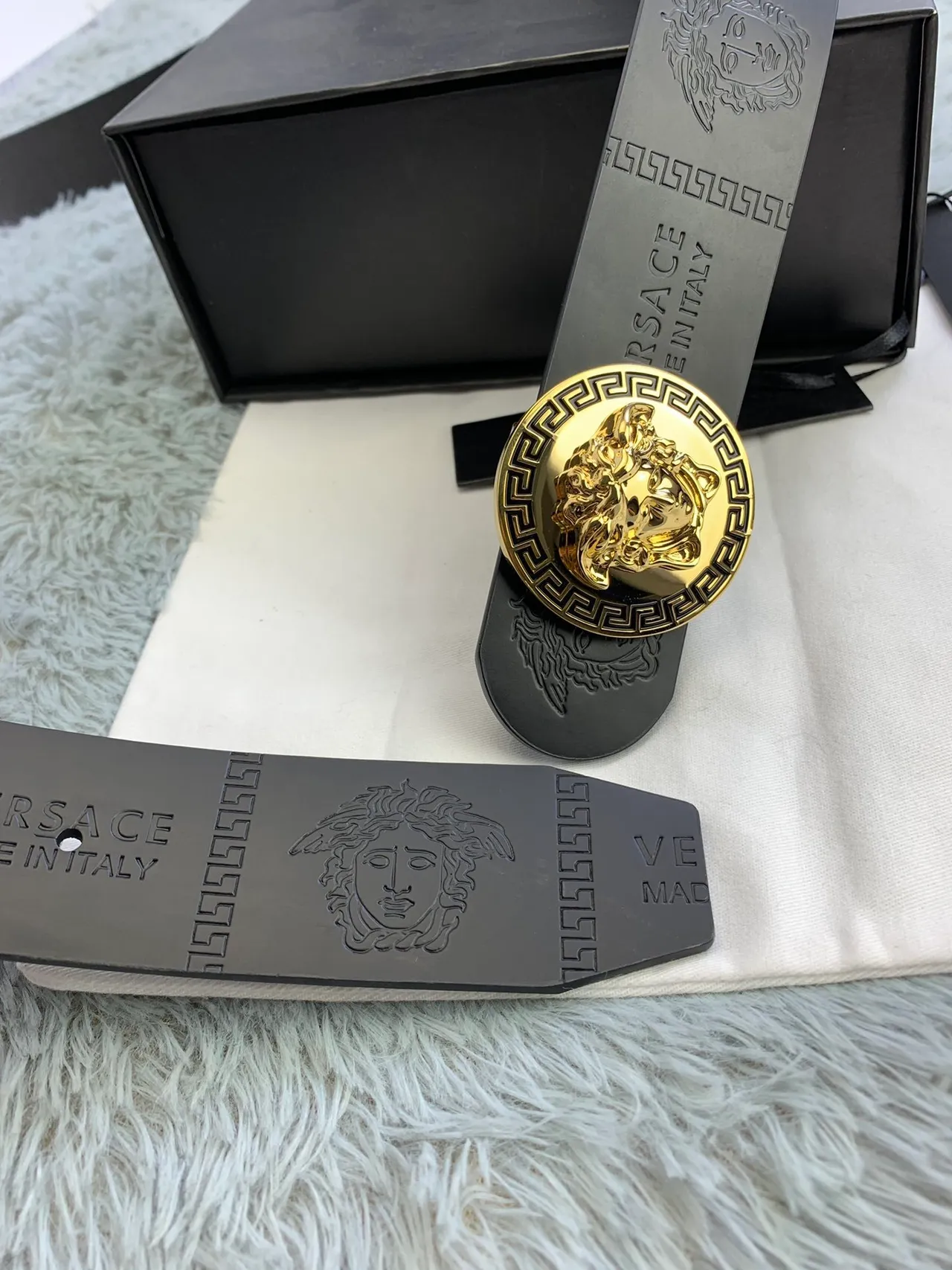 Versace Medusa Greek Key Black Leather Belt 4