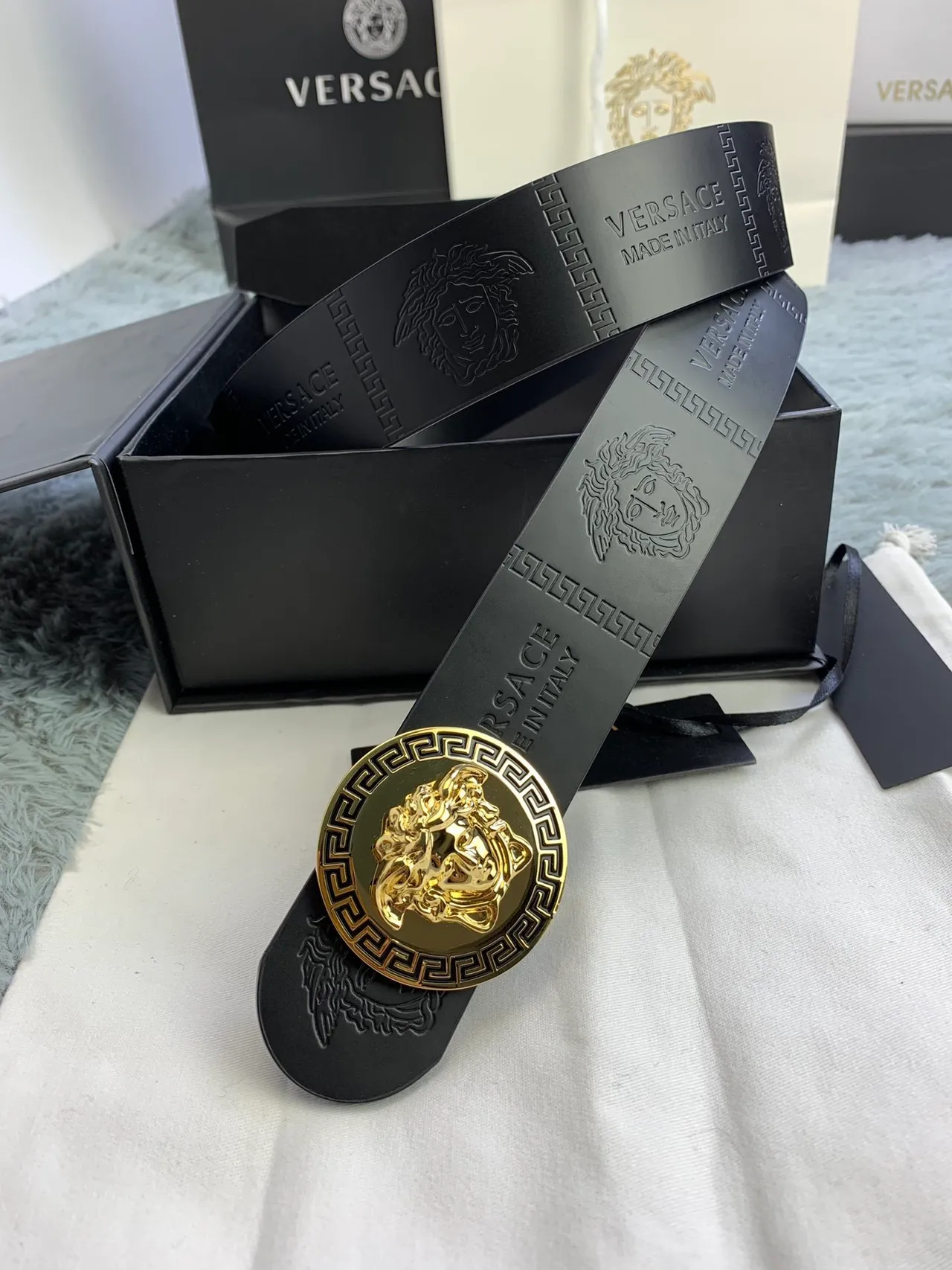 Versace Medusa Greek Key Black Leather Belt 5