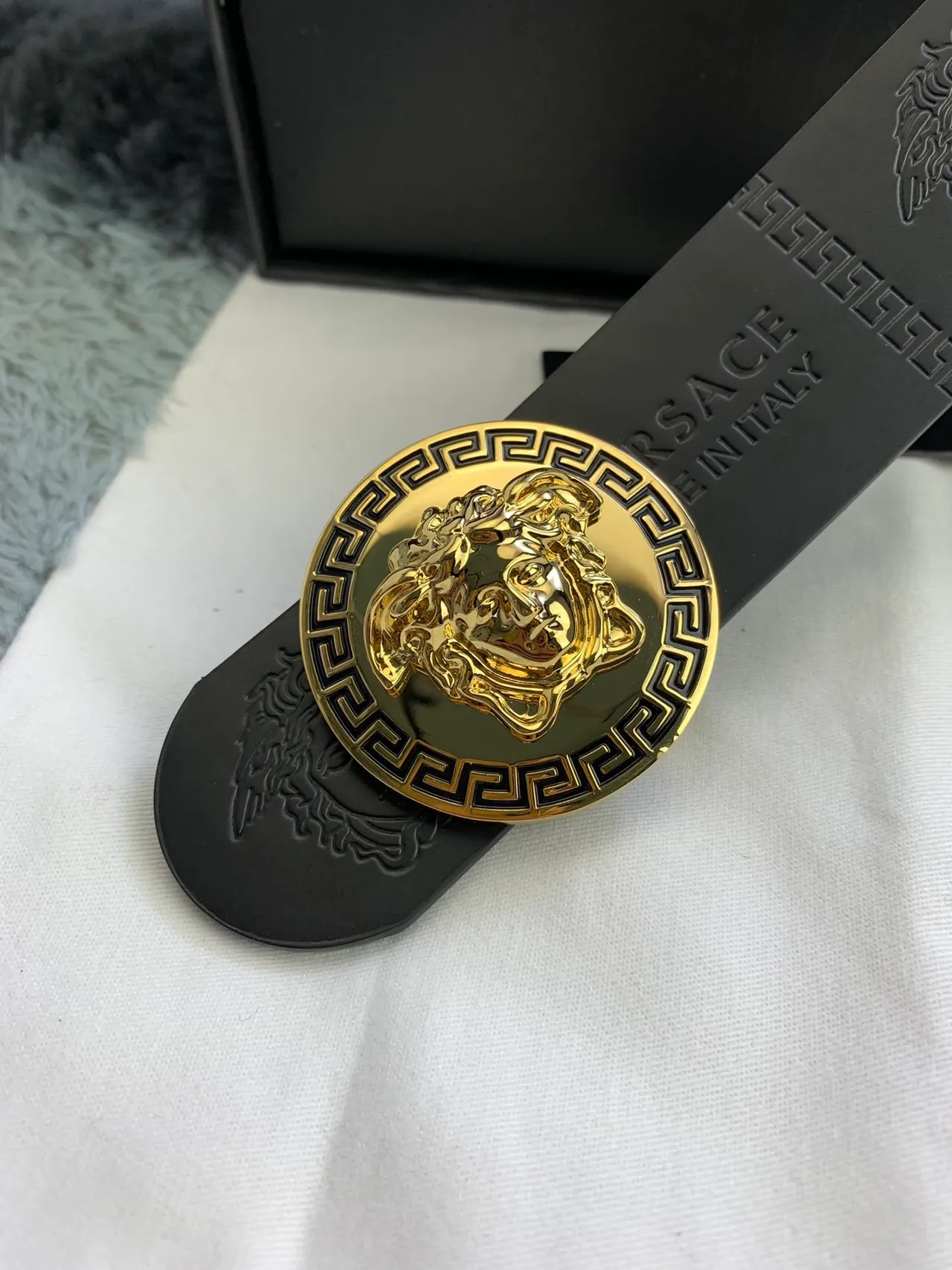 Versace Medusa Greek Key Black Leather Belt 6
