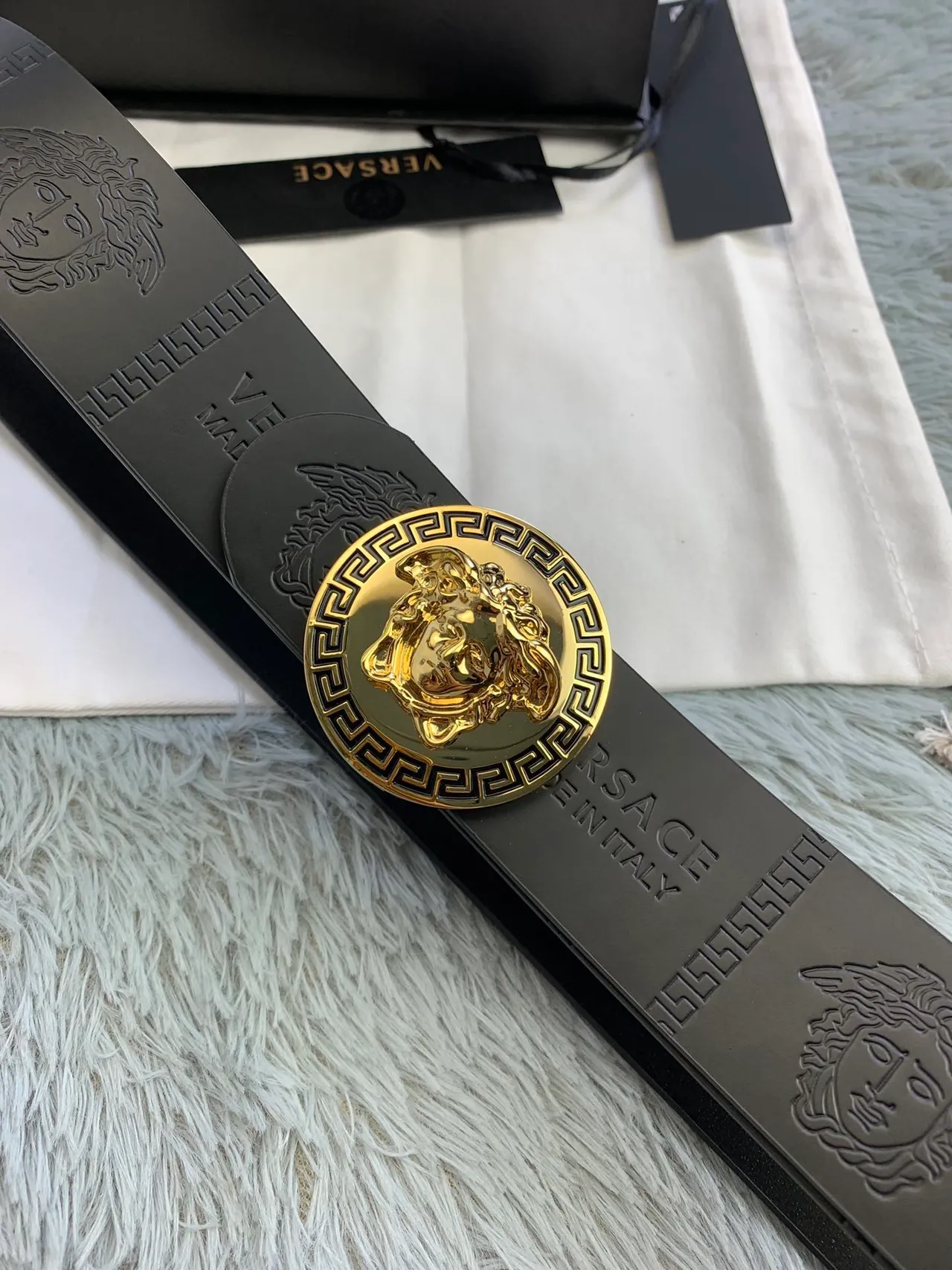 Versace Medusa Greek Key Black Leather Belt 7