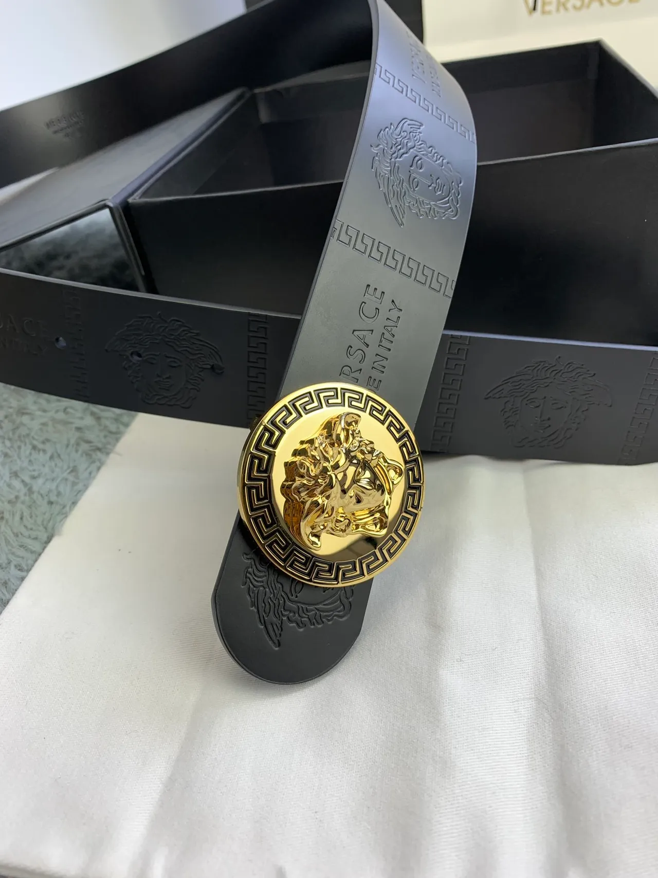 Versace Medusa Greek Key Black Leather Belt 8