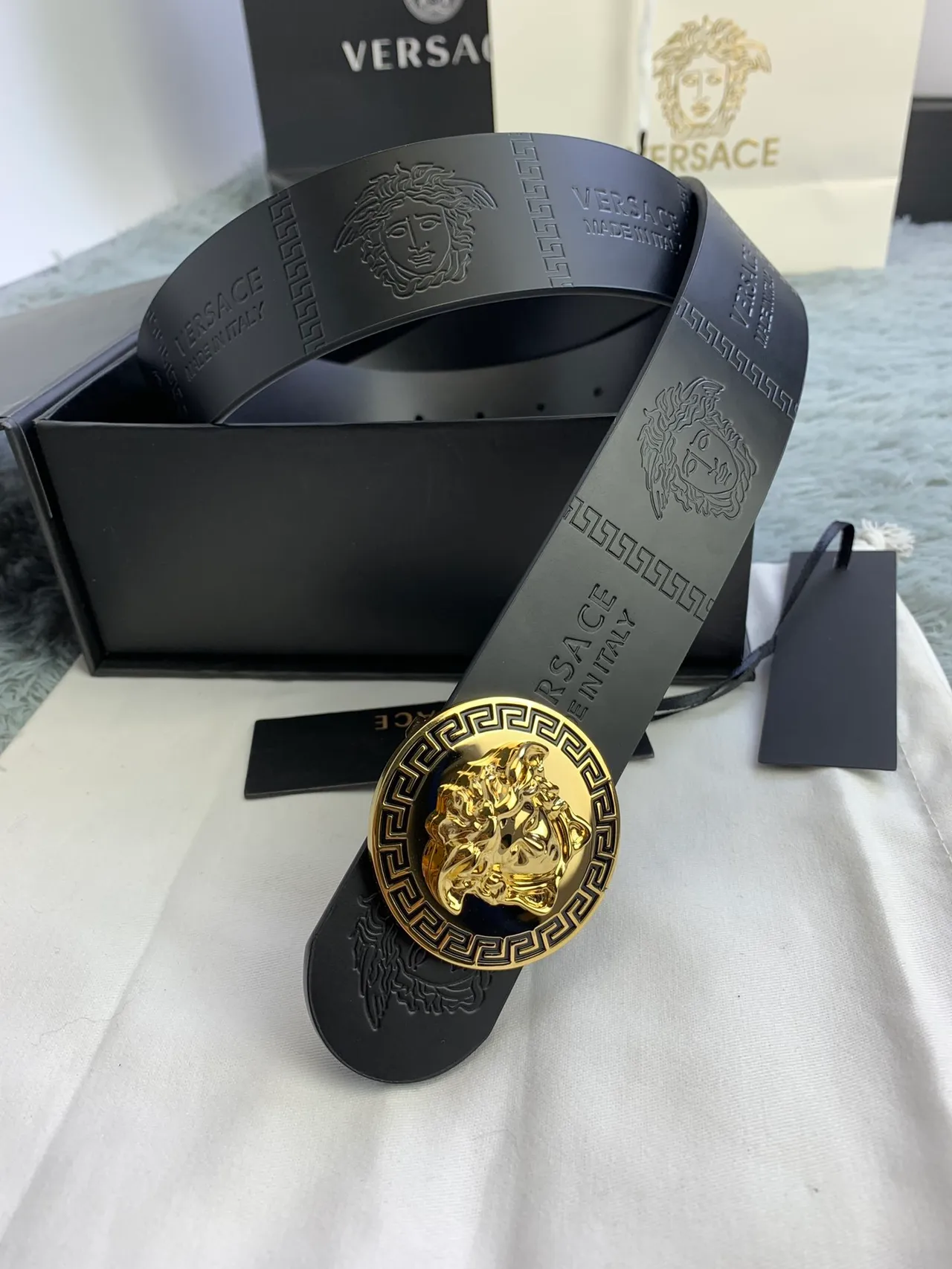 Versace Medusa Greek Key Black Leather Belt 9