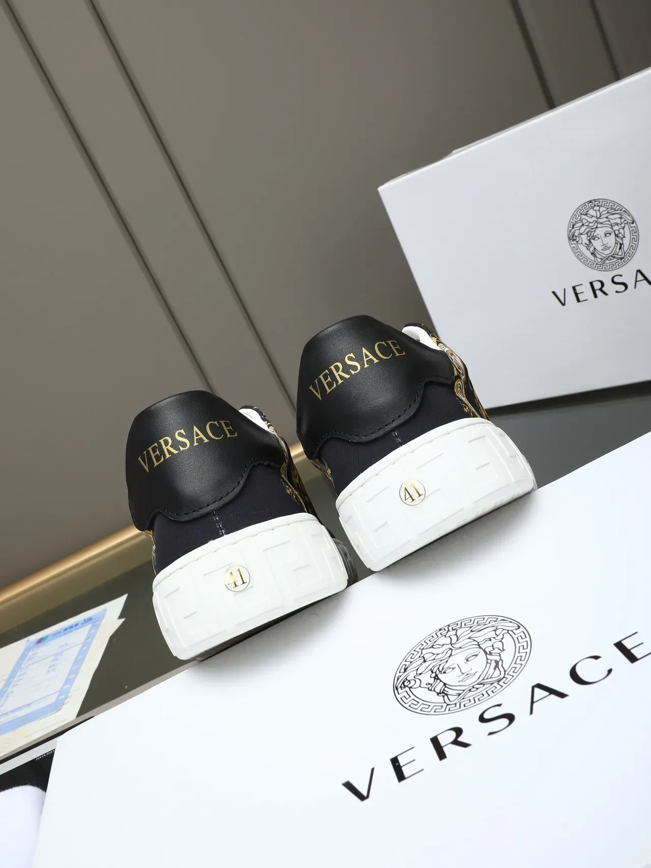 Versace Odissea Baroque Print Black White Gold Lifestyle Sneakers 3