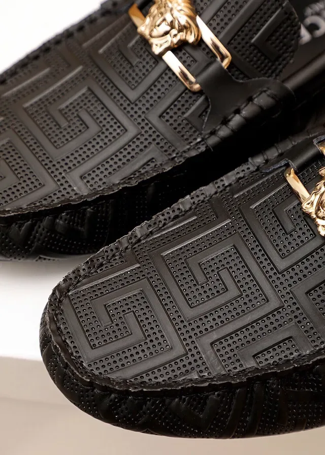 Versace Odissea Black Gold Embossed Greca Pattern Medusa Head Metal Buckle Loafer 21