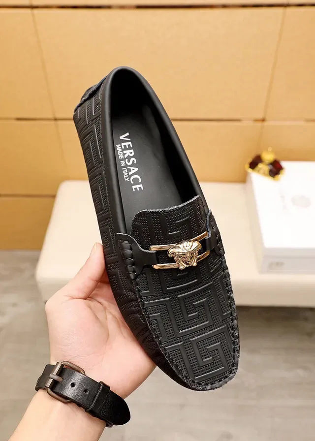 Versace Odissea Black Gold Embossed Greca Pattern Medusa Head Metal Buckle Loafer 23