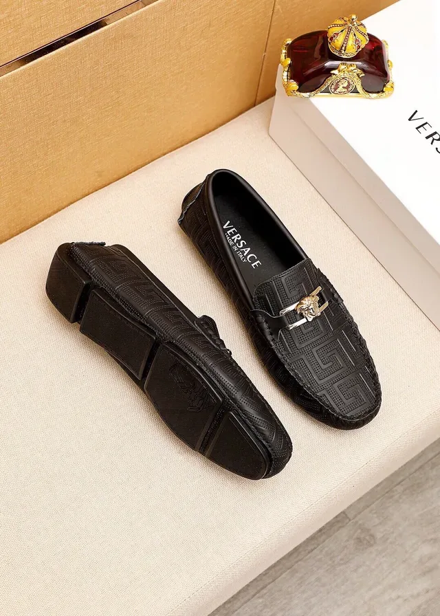 Versace Odissea Black Gold Embossed Greca Pattern Medusa Head Metal Buckle Loafer 24
