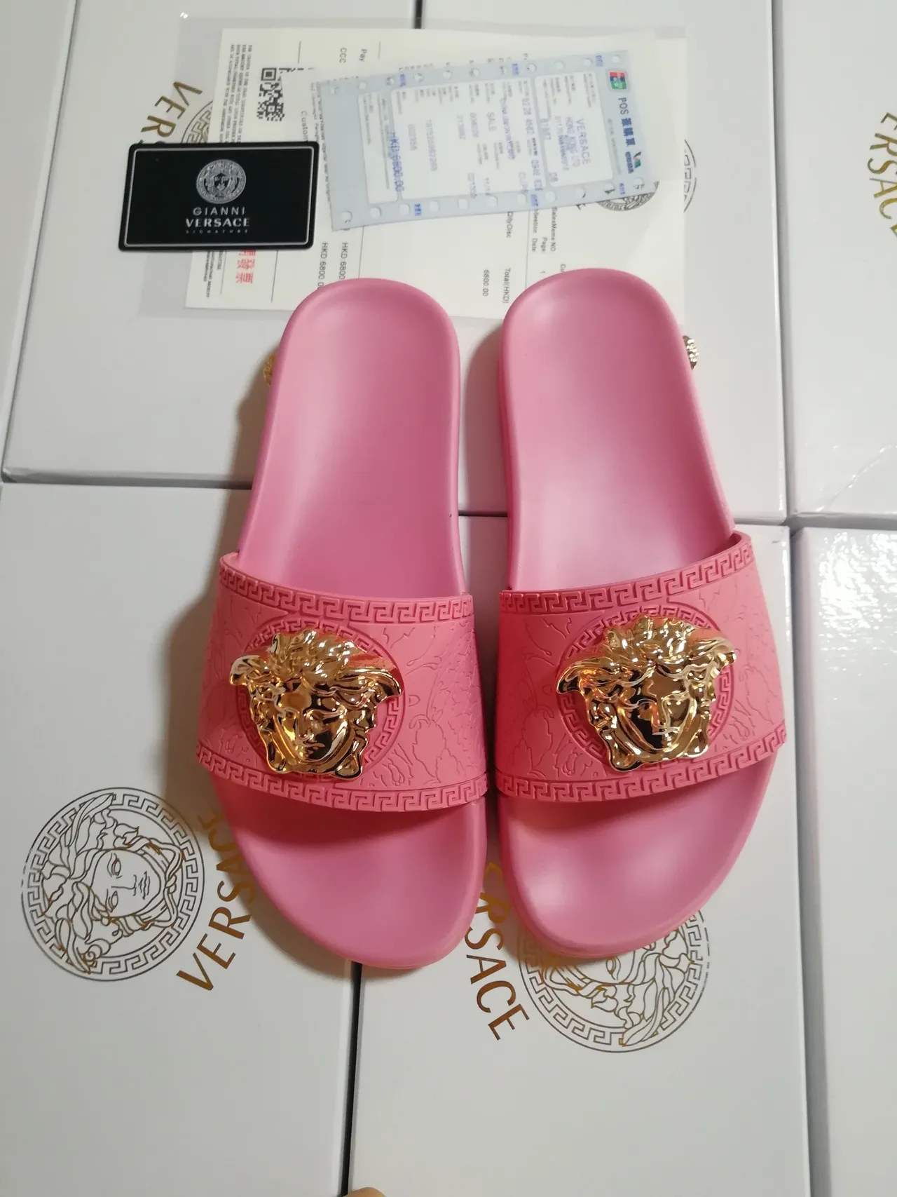 Versace Pink Gold Medusa Head Embellishment Greca Key Pattern Border Slippers 2