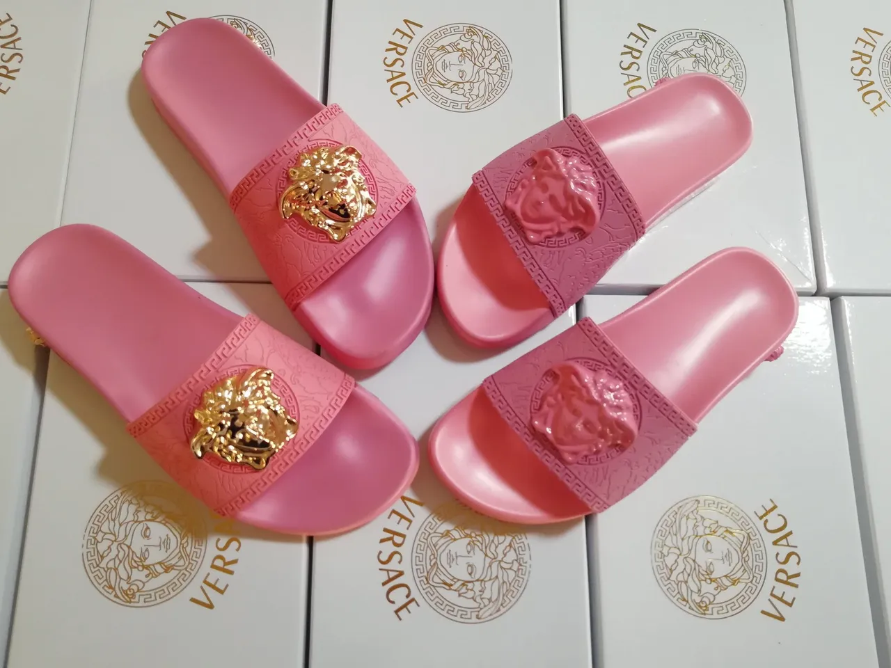 Versace Pink Gold Medusa Head Embellishment Greca Key Pattern Border Slippers 3