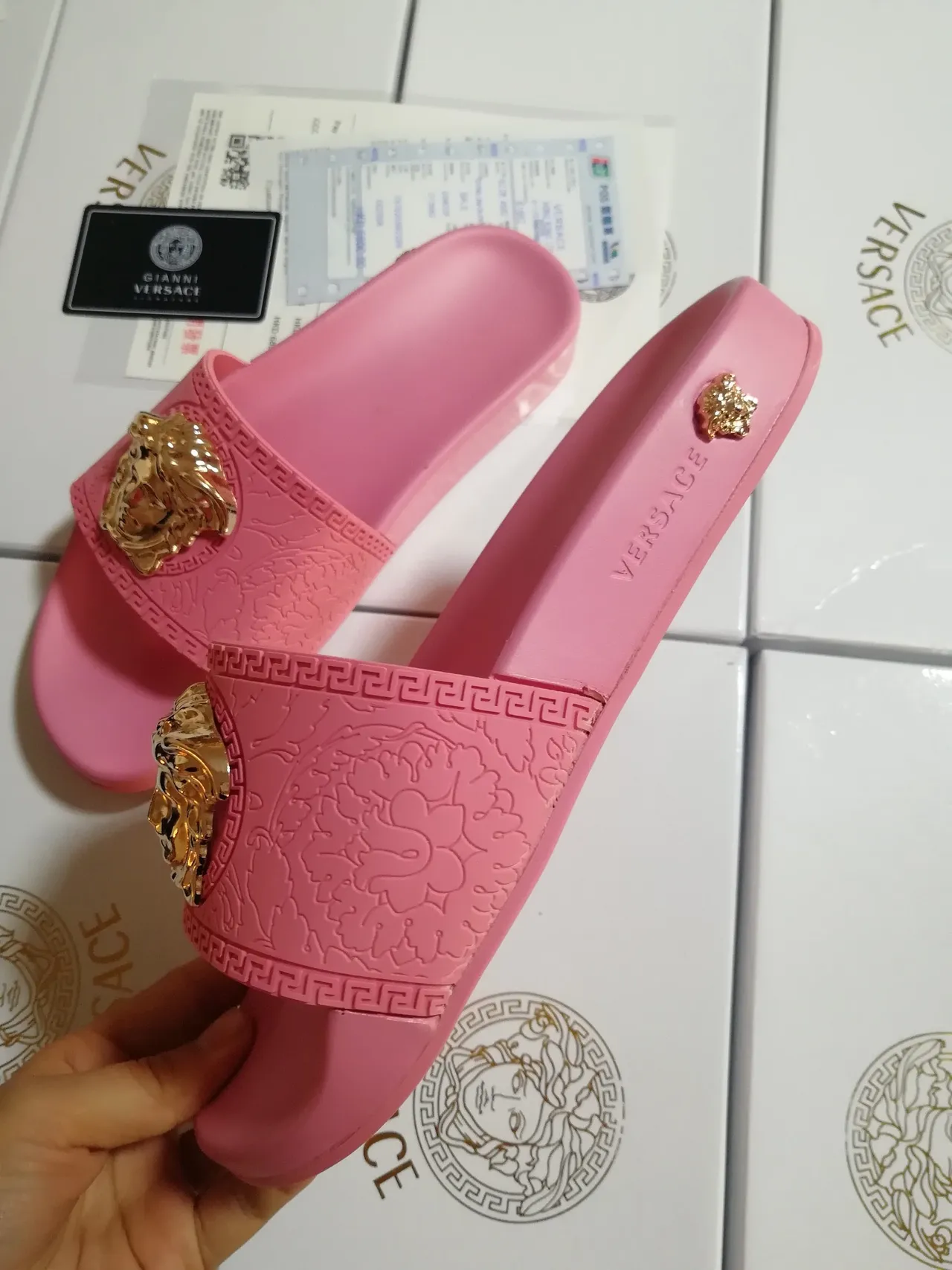 Versace Pink Gold Medusa Head Embellishment Greca Key Pattern Border Slippers 4
