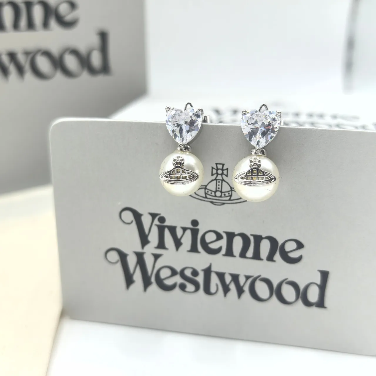 Vivienne Westwood Orb Pearl Heart Red Silver Crystal Tops Drop Pendants Earrings 2