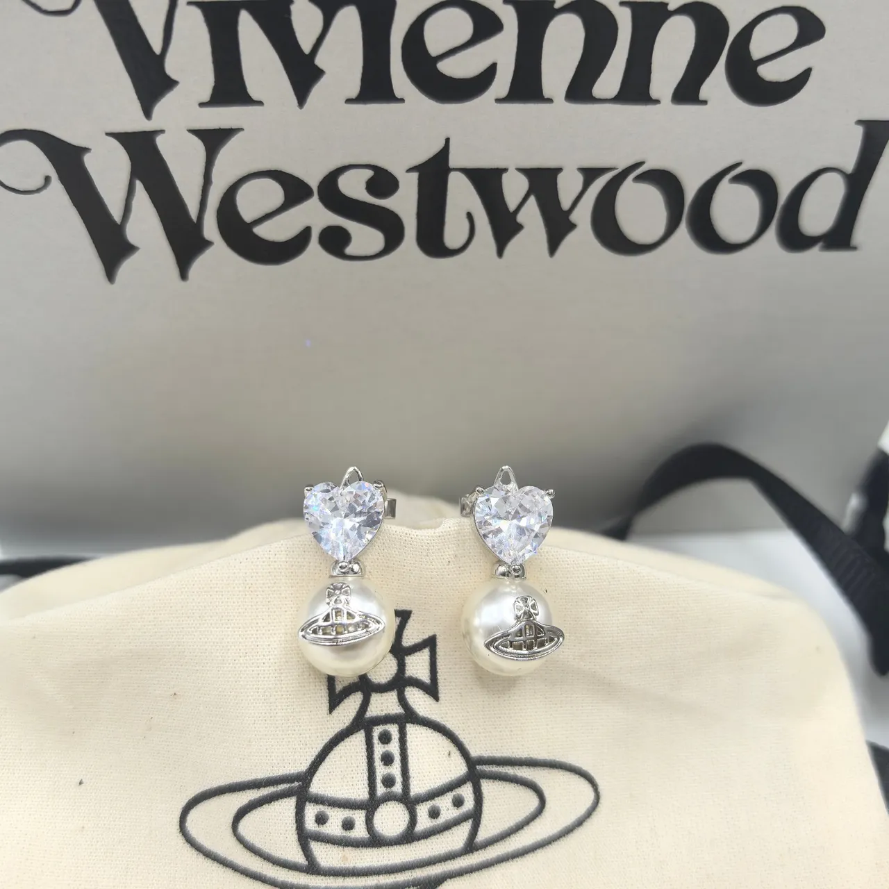 Vivienne Westwood Orb Pearl Heart Red Silver Crystal Tops Drop Pendants Earrings 3