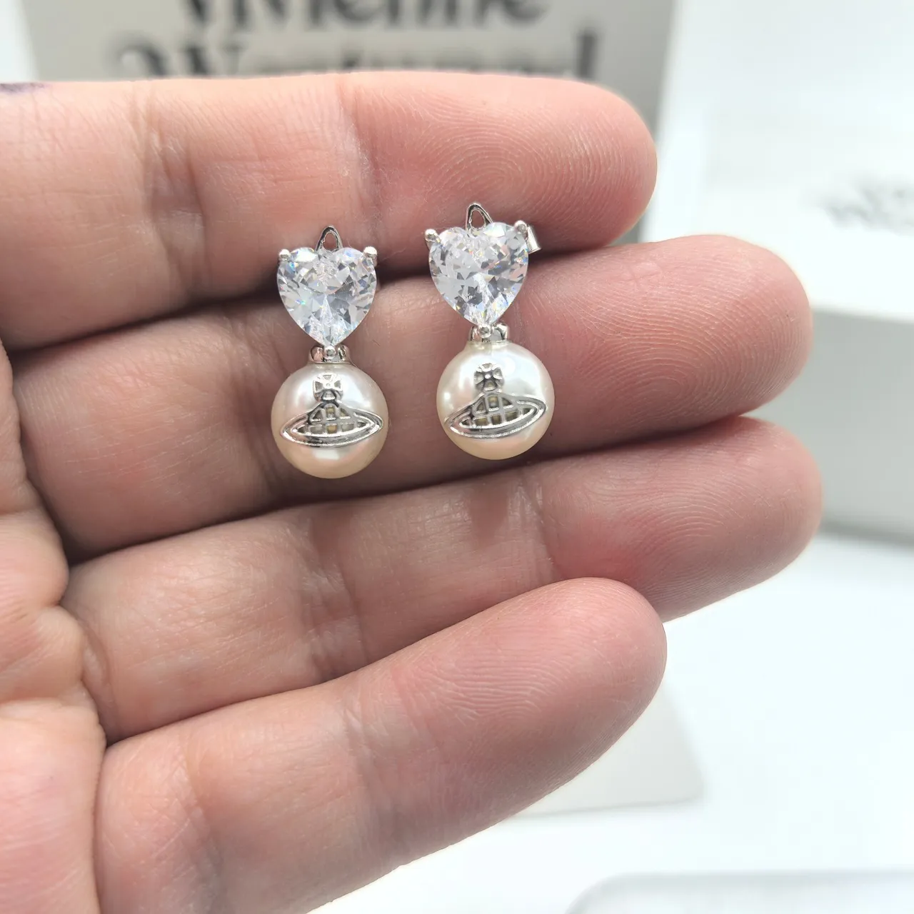 Vivienne Westwood Orb Pearl Heart Red Silver Crystal Tops Drop Pendants Earrings 4