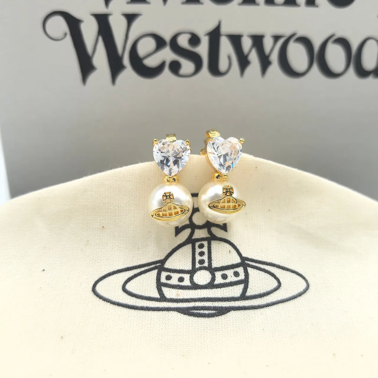 Vivienne Westwood Orb Pearl Heart Red Silver Crystal Tops Drop Pendants Earrings 6